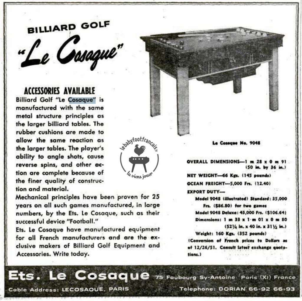 Publicité Le Cosaque billard dans Billboard du 4 fevrier 1956