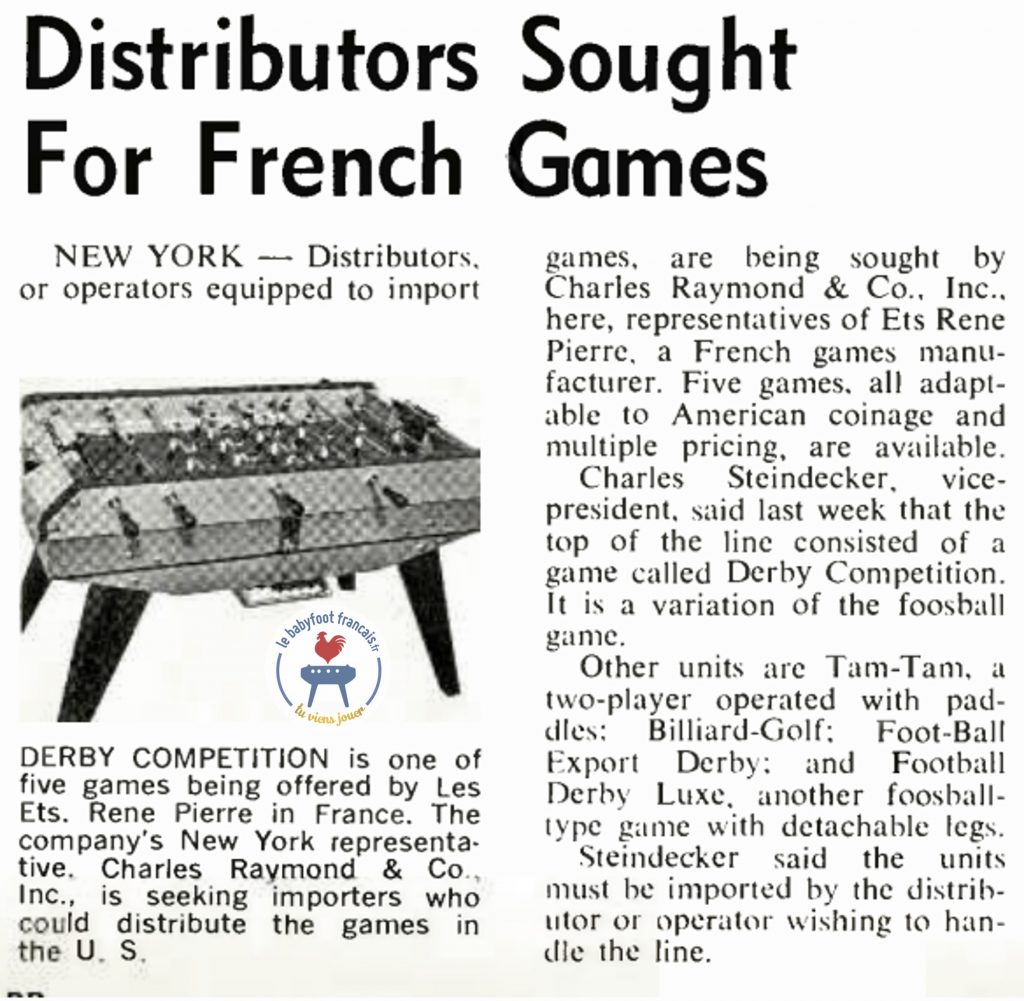 Babyfoot René Pierre Derby aux USA - Article journal Billboard du 18 janvier 1969